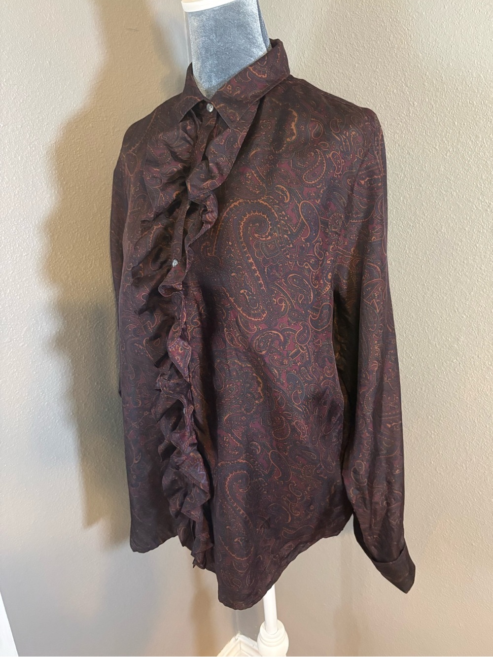 Ralph Lauren 100% Silk Paisley Ruffle Button-Up Blouse Size L - Picture 4 of 10